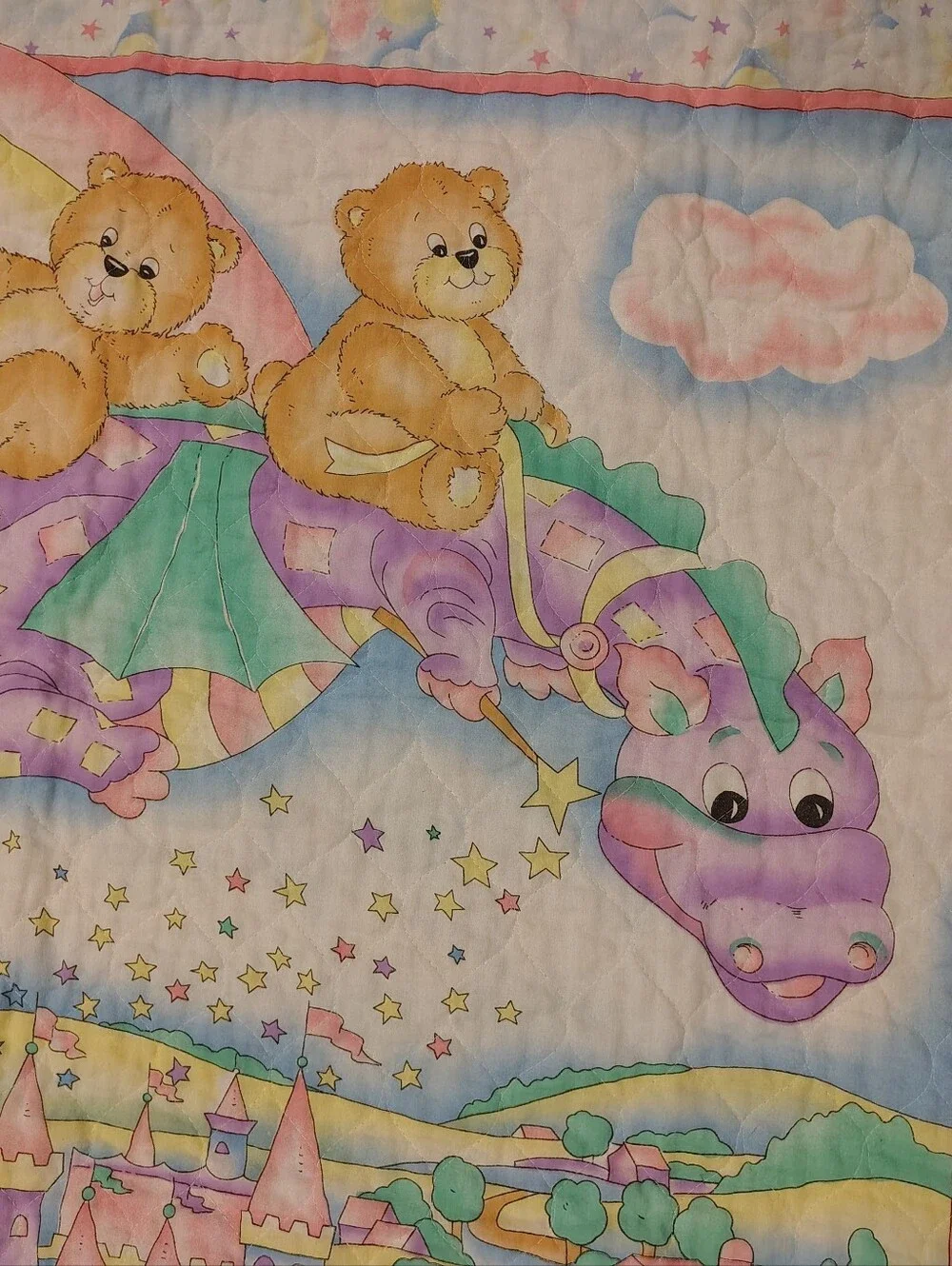 Vintage Whimsical Teddy Bears & Flying Dragon Baby Quilt With Pastel Colors